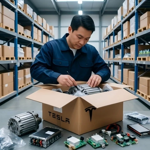 Warehouse worker packing Tesla accessories into branded box, surrounded by automotive parts and organized shelves, professional logistics environmen