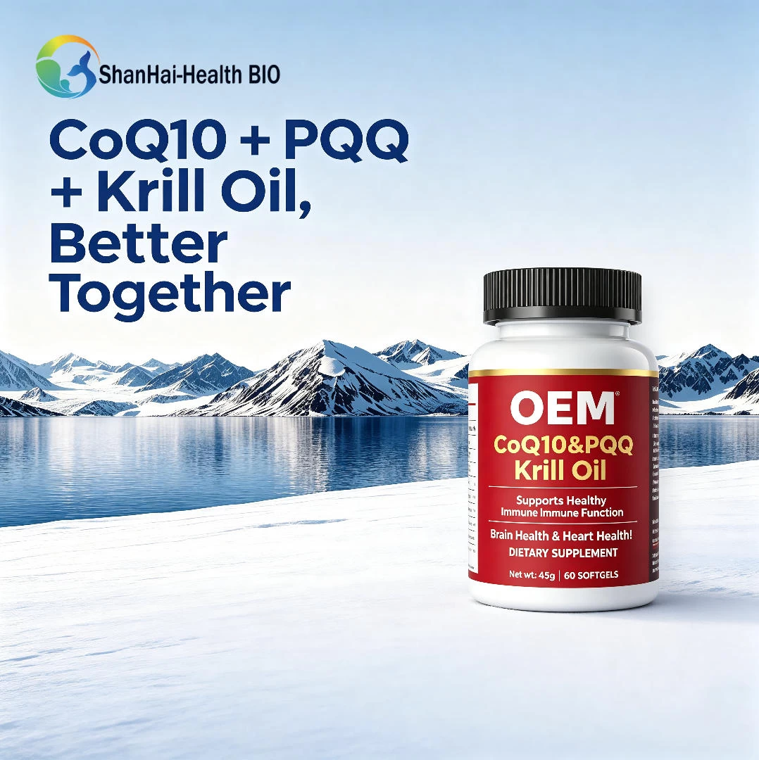Triple-action softgel combining Coenzyme Q10, PQQ and Antarctic Krill Oil. CoQ10 fuels heart muscle and ATP energy production; PQQ supports mitochondrial biogenesis and cognitive health; phospholipid-bound Omega-3 from krill oil boosts absorption far beyond ordinary softgels. Ideal for heart health, energy and anti-fatigue formulas. OEM / ODM / private label available, low MOQ, custom formulations supported.