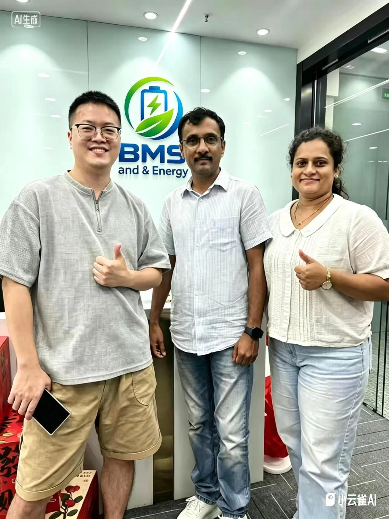 Three people posing in an office