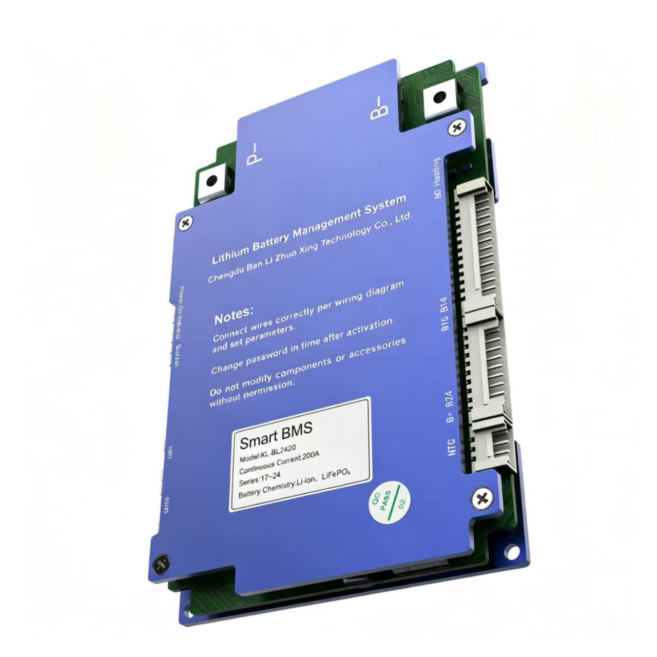 Blue smart BMS board labeled 17 to 24 series, 200 A
