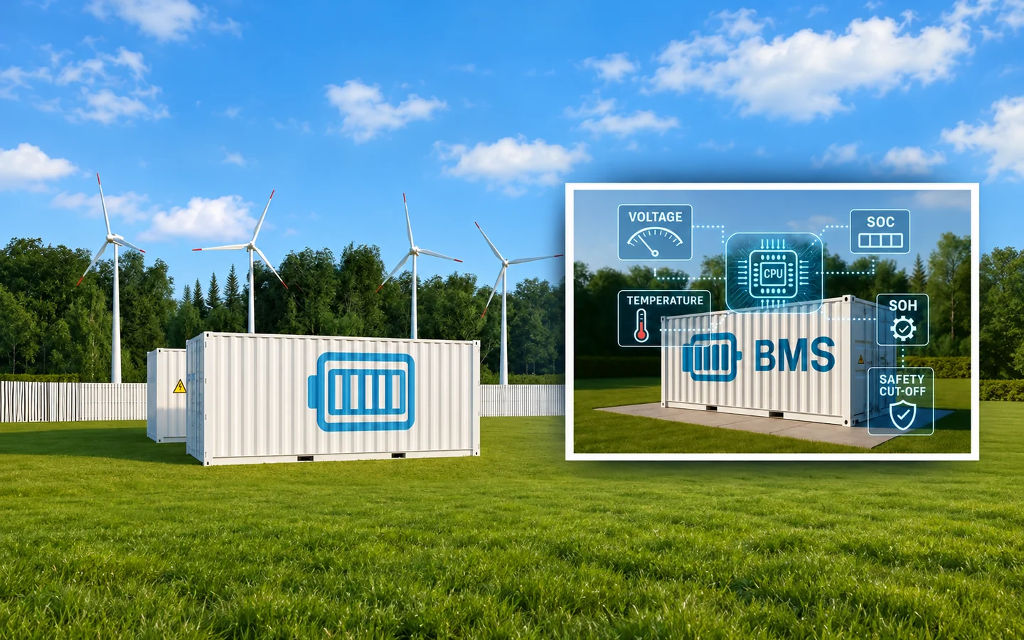 Solar panels, wind turbines and containerized energy storage for commercial and industrial applications