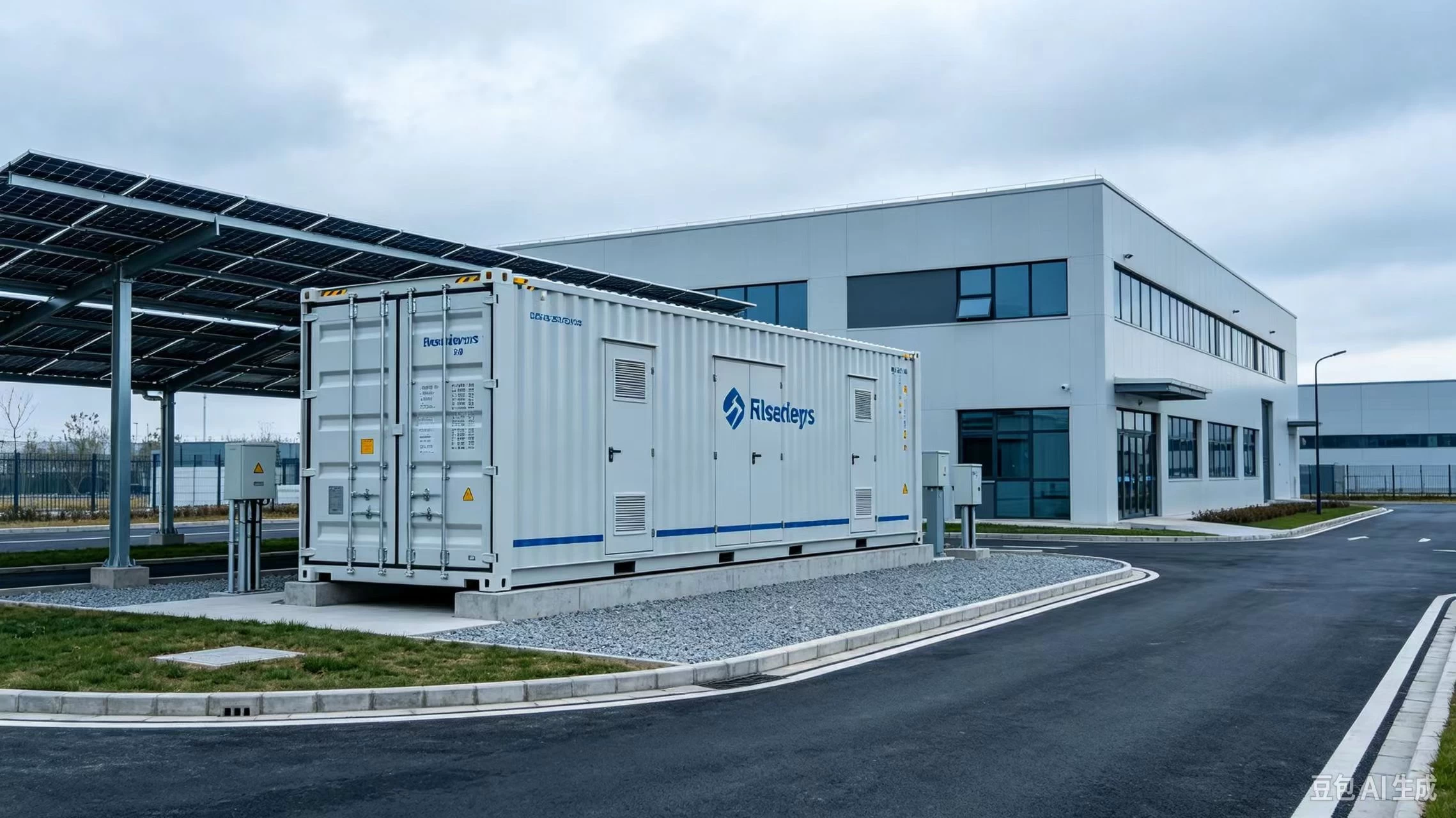 Commercial battery energy storage container beside industrial building