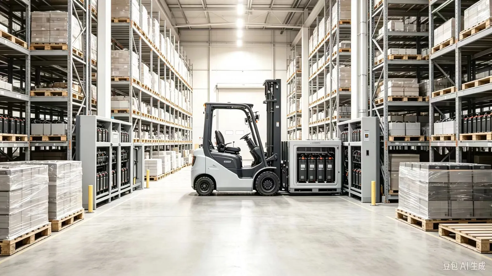 Forklift and battery equipment in a warehouse, illustrating material handling applications