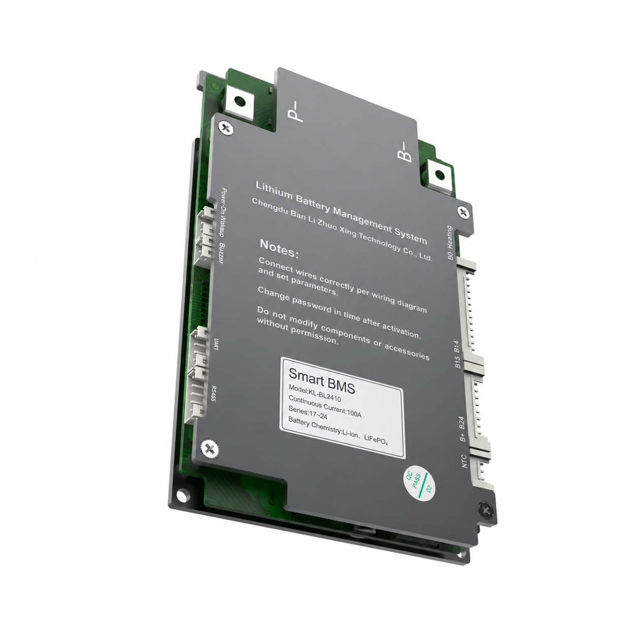 Battery management system board with gray metal cover and connection ports