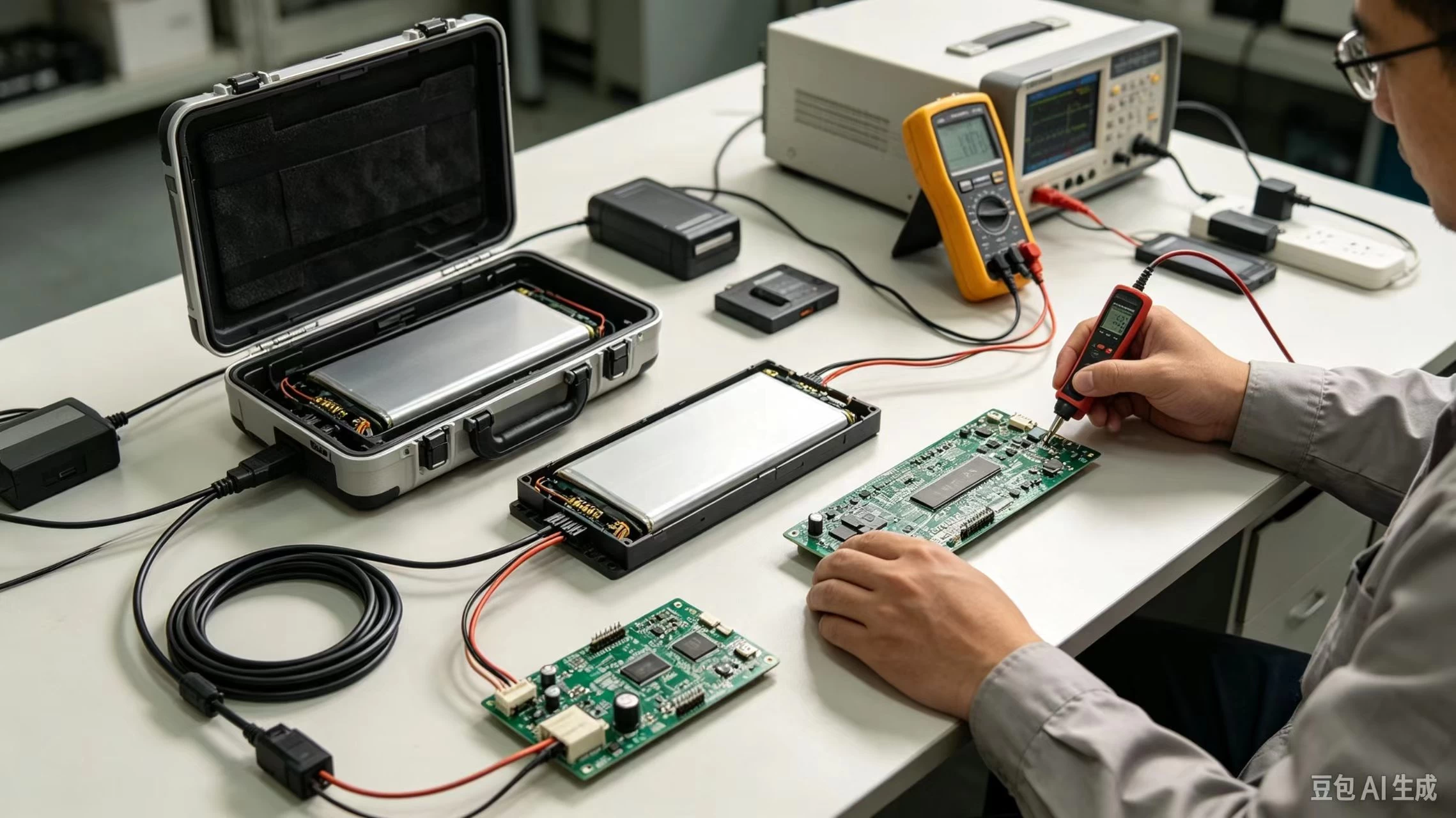 Illustration of battery electronics testing on a workbench