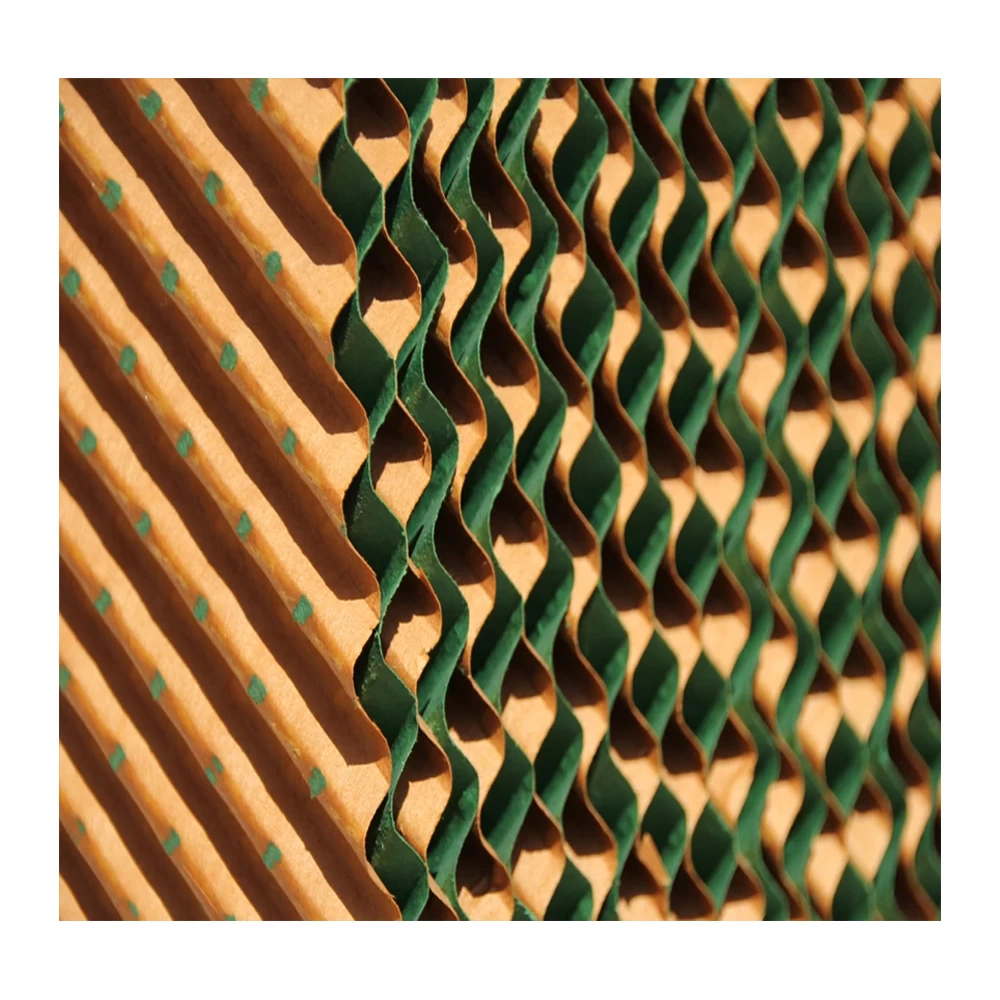 Close-up of green and yellow wet curtain cellulose media for agricultural cooling