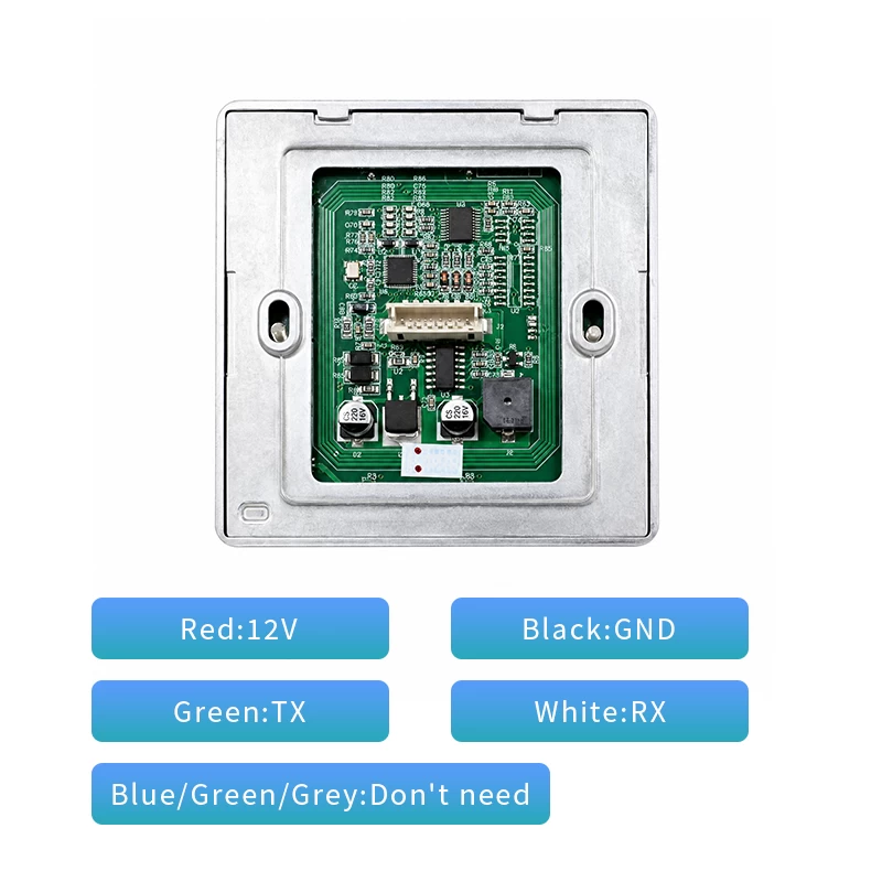 尺寸展示：红色线12V，黑色线GND，绿色线TX，白色线RX