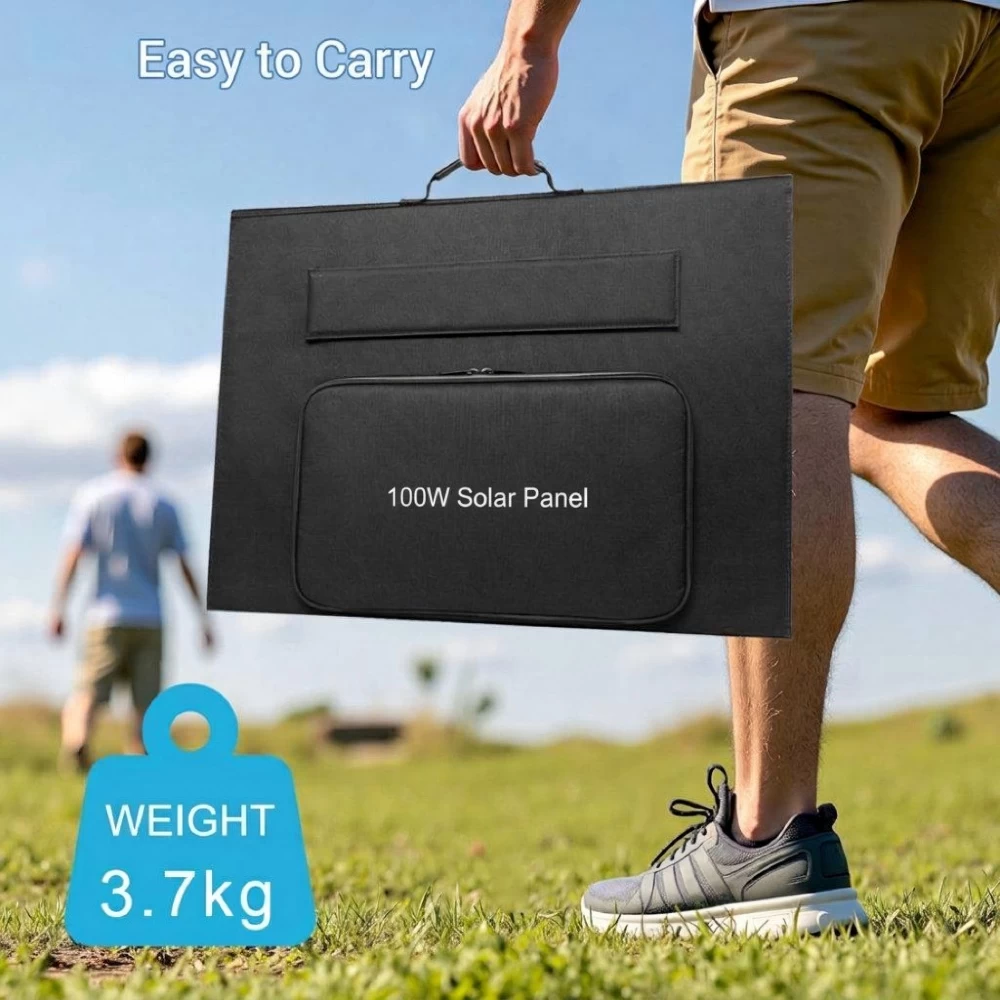 100W foldable solar panel powering camping and outdoor adventures