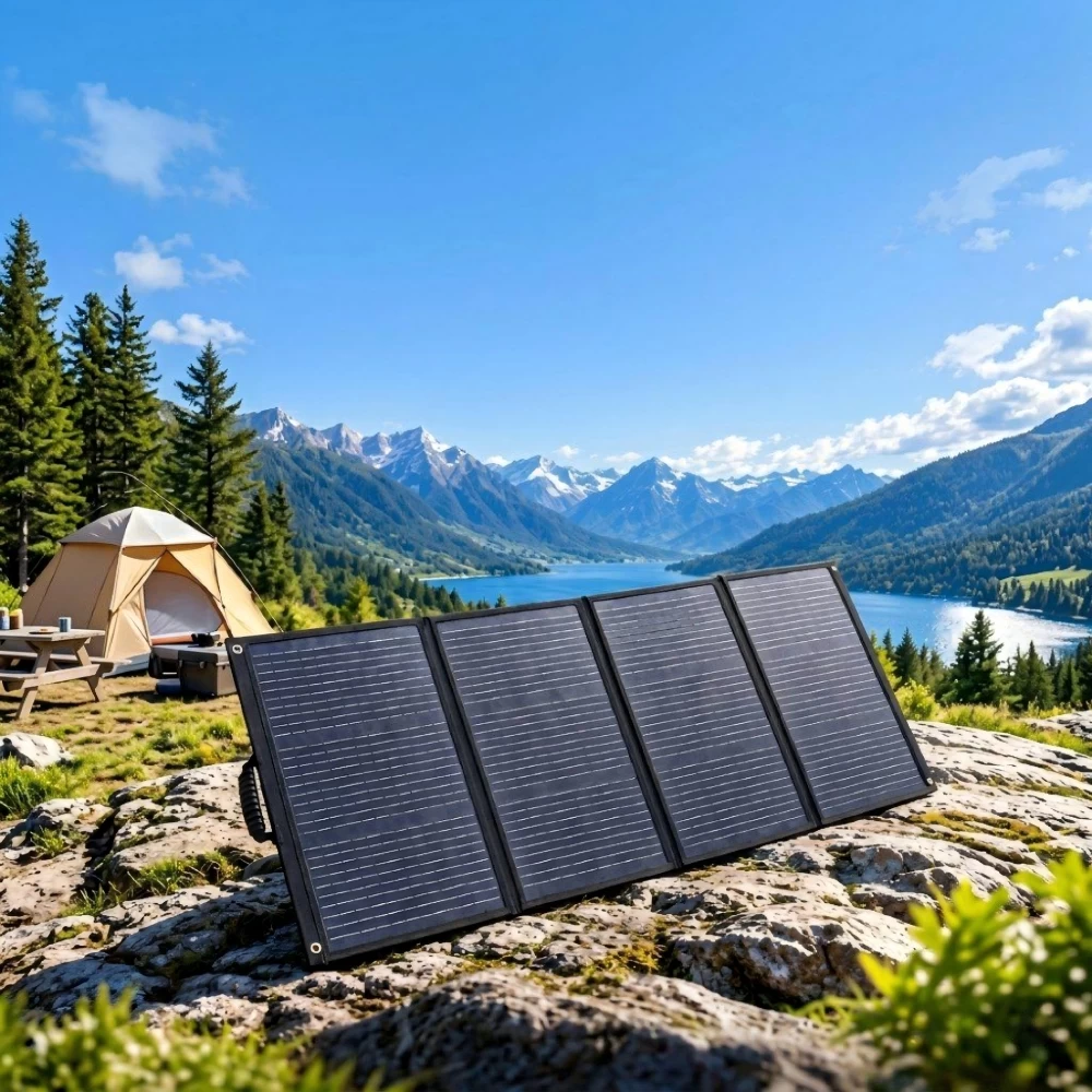 400W foldable solar panel powering camping and RV outdoor adventures in nature