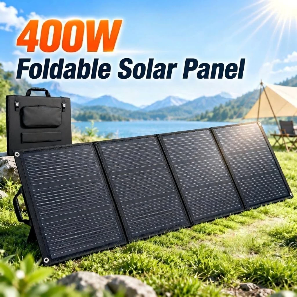 400W foldable solar panel powering camping and RV outdoor adventures in nature