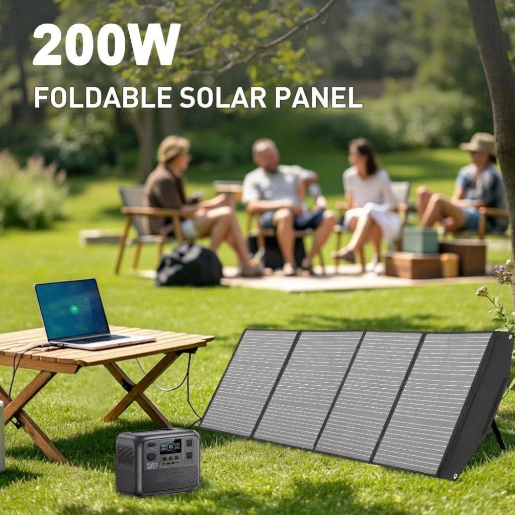 200W foldable solar panel powering camping and RV outdoor adventures
