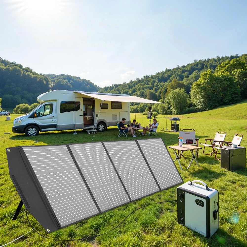 200W foldable solar panel powering camping and RV outdoor adventures